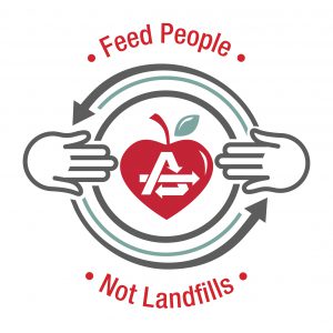 Athens logo with an apple, surrounded by two hands and the words Feed People not Landfills